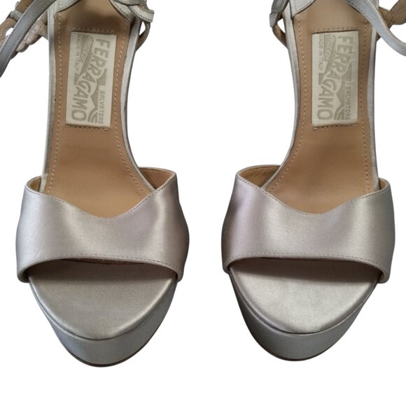 Salvatore Ferragamo Size 9M Gold Satin Ankle Strap Platform Sandals Stilettos - Picture 3 of 11